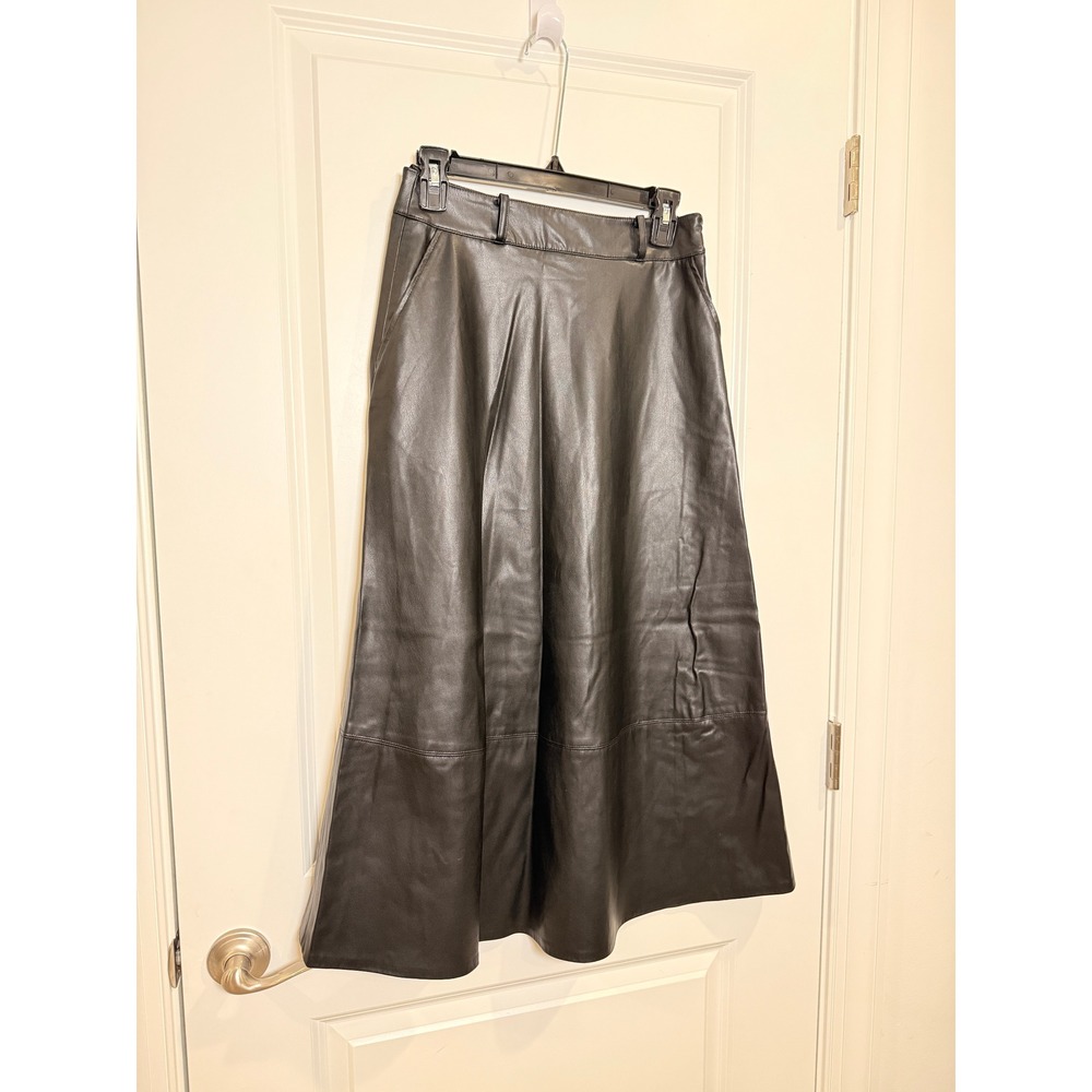 ZARA Faux Leather Midi Skirt Black High Waisted A Line Pockets Size XS